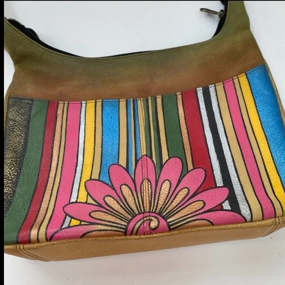 Anuschka Leather Hand Painted Flower Boho Hobo Shoulder Bag - Picture 4 of 9